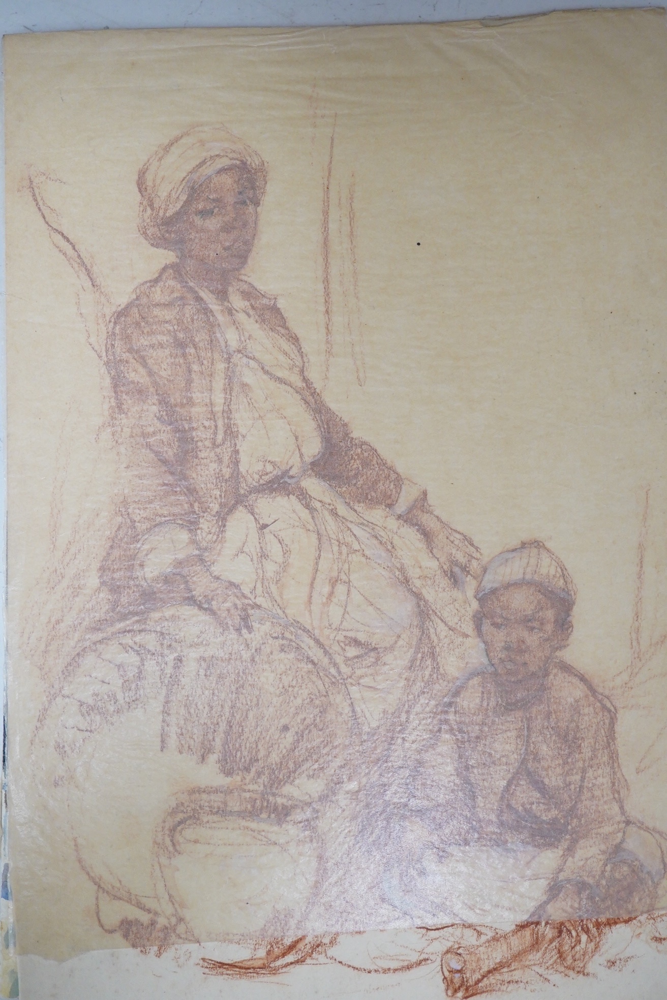 Ernest Borough Johnson (British 1867-1949), four works; The Pearly Queen, etching, 22.5 x 17cm; 'The Real Arab of Palastine...', charcoal and chalk, 29 x 22cm; Mother and child, sepia chalk, 37 x 22cm & Greek Orthodox pr